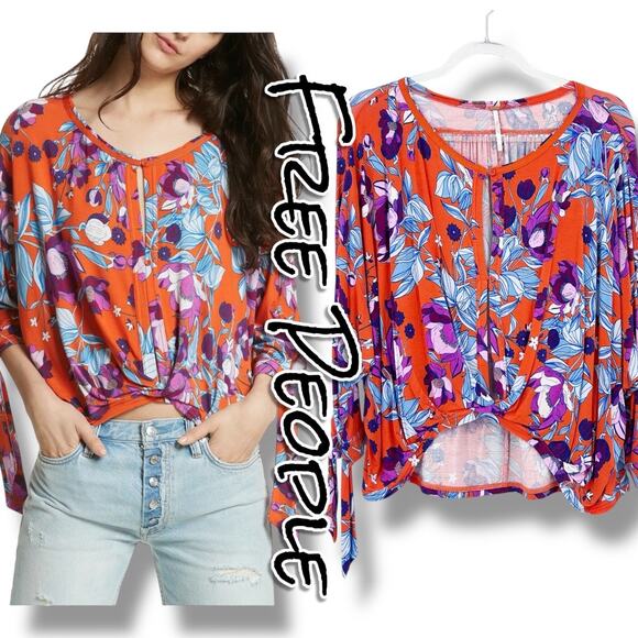 Free People Tops - Free People Keepin’ On Orange Floral Tie Sleeves Top 3/4 Sleeves Womens Sz S